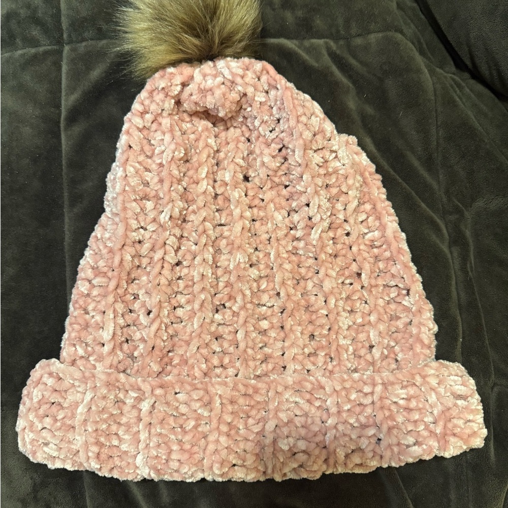 Super soft crocheted hat with ball on top